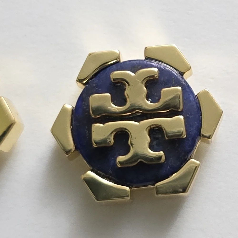 Tory Burch Gold & Navy Logo Stud Earrings